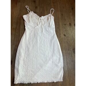 Lovely Day White Eyelet Mini Dress Small Bodycon Tie Front Summer QD4974B
